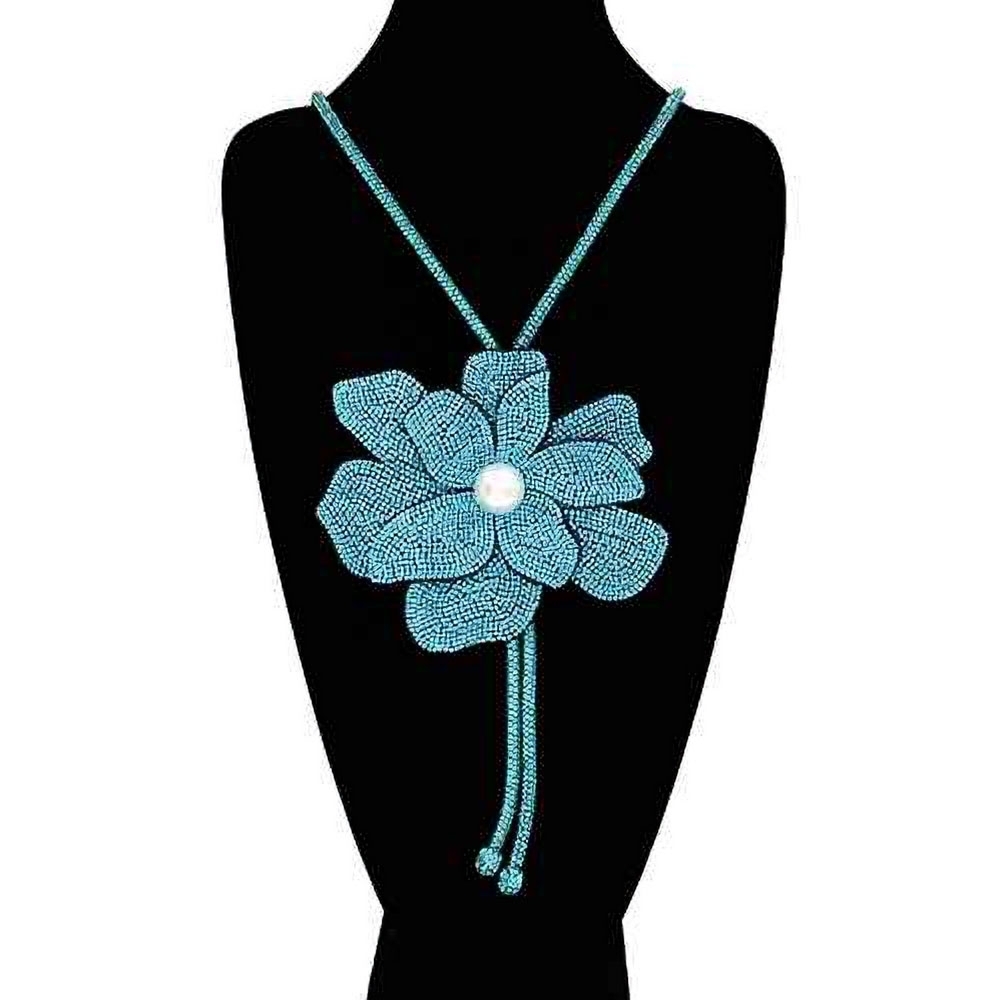 Turquoise Bling Studded Bolo Tie Pearl Flower Pendant Bold Statement Necklace